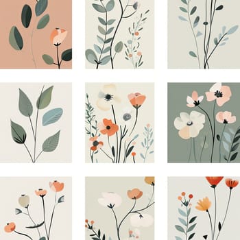 A modern grid layout features stylish floral illustrations with diverse plant motifs in soft pastel colors, creating a cheerful and artistic atmosphere.