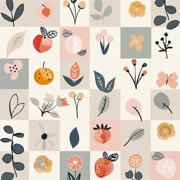 The design showcases a grid of blooming flowers and assorted fruits, blending warm and cool colors in a stylish and artistic layout that highlights nature's diversity.