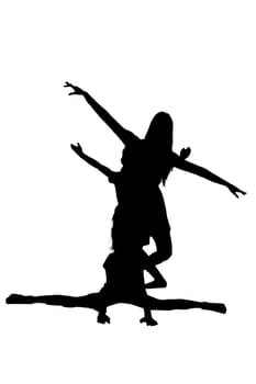 A beautiful silhouette of a woman confidently standing atop another womans shoulders, creating a striking visual composition