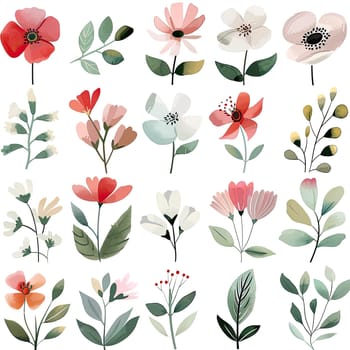 A vibrant array of floral illustrations showcases different flowers and greenery beautifully arranged, creating a cheerful and lively atmosphere.