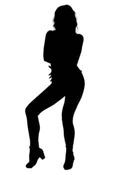 A striking silhouette of a woman gracefully balancing on one leg against a pristine white background, capturing a moment of elegance and poise