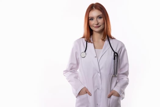 A professional and skilled young woman doctor, confidently wearing a lab coat, radiating care and compassion