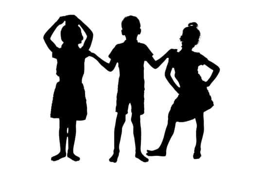 A beautifully crafted silhouette of three joyful children holding hands on a pure and simple white background, creating a heartwarming scene