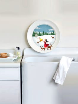 The image depicts a white washing machine with a white plate hanging from its side. The plate features a winter scene with a woman in a red dress holding a star, surrounded by reindeer and a snowy landscape. To the left of the washing machine, there is a white sink with a white towel casually draped over it. On the right side of the washing machine, there is a white dish rack holding a wooden bowl and a bottle of dish soap.