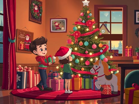 The image depicts a cozy Christmas scene in a room. A young boy in a red Santa hat is holding a present, while a girl in a green sweater stands next to him. A horse figurine is standing on a red carpet in front of a Christmas tree adorned with colorful ornaments and a star. The room is decorated with a wreath on the wall and a Christmas tree, and a window with a view of a snowy landscape can be seen in the background.