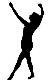 A beautiful silhouette of a woman joyfully dancing with her arms lifted high in the air, expressing her freedom and happiness in movement
