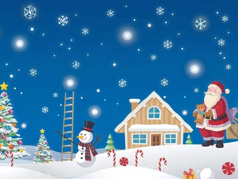The image depicts a snowy winter scene with a house in the background, a Santa Claus figure holding a teddy bear, a snowman with a carrot nose and hat, and a ladder leading up to the roof. The sky is filled with falling snowflakes, and the ground is covered in snow. The scene is decorated with red and white candy canes and Christmas trees.