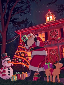 The image depicts a festive scene set in a yard during the holiday season. At the center is Santa Claus, dressed in his iconic red suit and holding a present, standing next to a snowman. To the right, a deer is also present, adorned with a red bow on its neck. The yard is decorated with a Christmas tree, which is illuminated with colorful lights. The house in the background is also festively decorated with lights and a wreath.