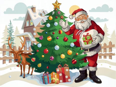 The image depicts a festive scene with a large Christmas tree adorned with colorful ornaments and a star on top, surrounded by a snowy landscape. A Santa Claus figure stands next to the tree, holding a gift bag and wearing a red suit. A reindeer is also present in the scene, adding to the wintery atmosphere. The background features a wooden house and a fence, providing a cozy setting for the holiday celebration.