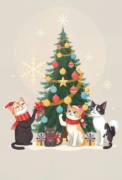 The image depicts a festive scene with four cats dressed in festive attire, including red and white scarves, sitting around a Christmas tree adorned with colorful ornaments and a star. The tree is surrounded by a snowy background with snowflakes falling, creating a winter wonderland atmosphere. The cats are positioned around the tree, with one cat on the left, another on the right, and two more in the center, all appearing to be enjoying the holiday celebration.
