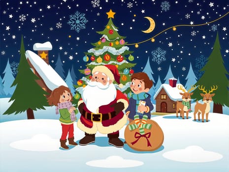 The image depicts a snowy winter scene with a Christmas tree in the center, adorned with colorful ornaments and a star at the top. Two children, one holding a present and the other holding a sack, stand in front of the tree. A Santa Claus figure is also present, wearing a red suit and holding a sack. In the background, a house with a chimney and a deer can be seen. The sky is filled with snowflakes, and a crescent moon is visible in the night sky.