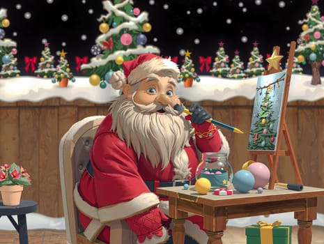 The image depicts a festive scene with a Santa Claus figure seated at a table, painting a Christmas tree on an easel. The Santa is wearing a traditional red suit and hat, and is holding a paintbrush in his right hand. The table in front of him is filled with various Christmas decorations, including a jar of candy, a vase of flowers, and a gift box. The background features a snowy landscape with a Christmas tree and other trees, as well as a starry night sky.
