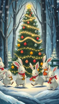 The image depicts a snowy forest scene with a large, brightly lit Christmas tree at the center. The tree is adorned with red and gold ornaments and a star at the top. Surrounding the tree are six white rabbits, each wearing a red scarf and holding a gift. The rabbits are arranged in a semi-circle around the tree, with some standing closer to the tree and others further away. The background features snow-covered trees and a blue sky dotted.