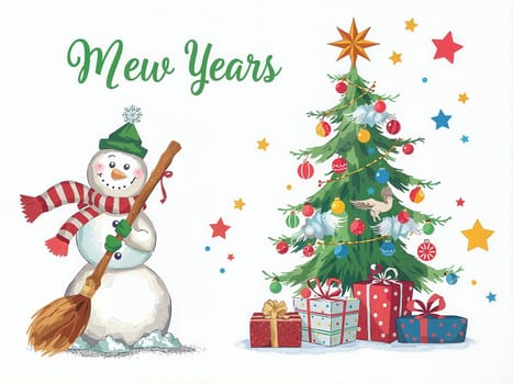 The image presents a festive scene with a snowman standing on a pile of snow, holding a broom and wearing a green hat and red scarf. To the right, a Christmas tree is adorned with colorful ornaments and a star at the top, surrounded by a scattering of presents. The text Mew Years is written in green above the snowman, and the background is a white canvas with scattered stars and a red star.