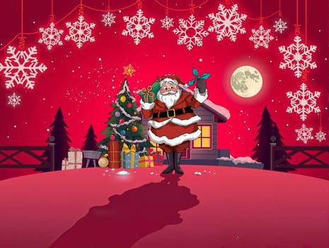 The image depicts a festive scene set against a vibrant red background. At the center, a jolly Santa Claus figure is holding a gift bag and standing on a snowy hill. In the background, a full moon and a Christmas tree adorned with colorful ornaments and presents can be seen. The scene is further enhanced by the presence of snowflakes scattered throughout the image.