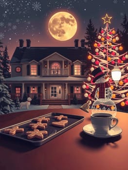 The image depicts a cozy winter scene with a full moon illuminating a house in the background. The house has a porch and a chimney, and is decorated with a Christmas tree and a snowman. In front of the house, there is a table with a tray of gingerbread cookies and a cup of coffee. The cookies are arranged in a circular pattern on the tray, and the cup of coffee is placed on a saucer. The overall scene conveys a sense of warmth and festivity.