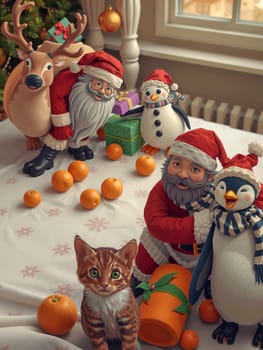 The image depicts a festive scene with a Santa Claus figurine standing on a table, holding a present. To the left, a reindeer figurine is also present. On the right, a penguin figurine is standing next to a cat figurine. The table is covered with a white tablecloth and decorated with orange and green ornaments. Several oranges are scattered around the table.