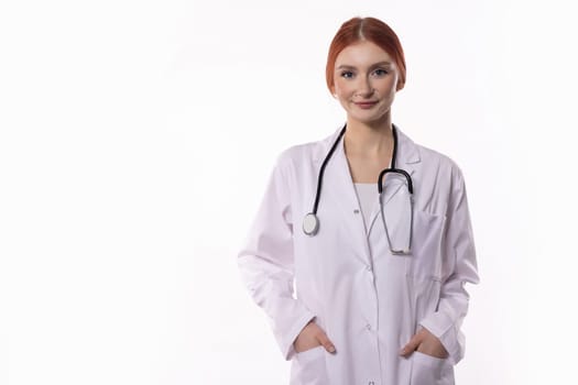 A confident female doctor, wearing a lab coat and stethoscope, radiates assurance and expertise in her field