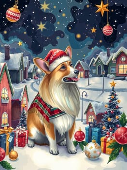 The image depicts a snowy village scene with a brown and white dog wearing a red and white Santa hat and a plaid scarf, sitting on a snow-covered ground surrounded by Christmas decorations. The village features houses with red roofs and white walls, decorated with ornaments and lights. The sky is filled with stars, and a Christmas tree stands in the background.
