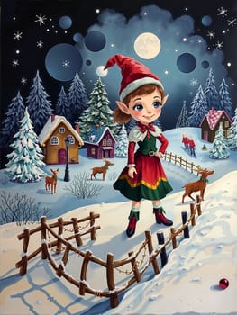The image depicts a snowy winter scene with a young girl dressed as an elf standing in the foreground. She is wearing a red hat, a green dress, and red boots. The girl is holding a red bow in her hand. Behind her, there is a wooden fence, and a full moon is visible in the night sky. The background features a snowy landscape with trees and houses, and a few deer can be seen in the distance.