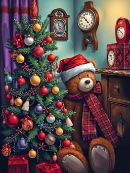 The image depicts a cozy Christmas scene. A large, brown teddy bear wearing a red Santa hat and plaid scarf is sitting on the floor next to a beautifully decorated Christmas tree adorned with red and gold ornaments, white lights, and a red bow. The tree is surrounded by a red gift box and a red clock on the wall. The room has a blue wall with a picture frame hanging above the teddy bear, and a window with a red curtain can be seen in the background.