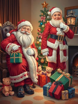 The image depicts a festive scene with two Santa Claus figures, one seated on a chair and the other standing, both dressed in traditional red suits and white hats. They are surrounded by a variety of presents, including a green and gold gift box, a red and gold gift box, and a blue and gold gift box. The Santa Claus figure on the right is holding a gold key, and the background features a Christmas tree adorned with ornaments and a star.