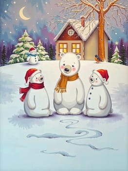 The image depicts a winter scene with three white polar bears standing on a snowy hill. The bear in the center is wearing a red scarf and has a yellow bow around its neck. To the left, a snowman wearing a red scarf and a blue hat is standing. On the right, another snowman is wearing a red scarf and a blue hat. In the background, a house with a chimney and a tree with snow-covered branches can be seen. The sky is filled with stars, and a crescent moon is visible in the night sky.