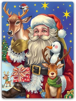 The image depicts a festive scene with Santa Claus, a deer, and a penguin. Santa is wearing a red suit and holding a present, with a white beard and a red hat. The deer is wearing a red bow tie and holding a gift, while the penguin is wearing a green scarf and holding a gift. The background features a blue sky with white stars, and a Christmas tree with ornaments.