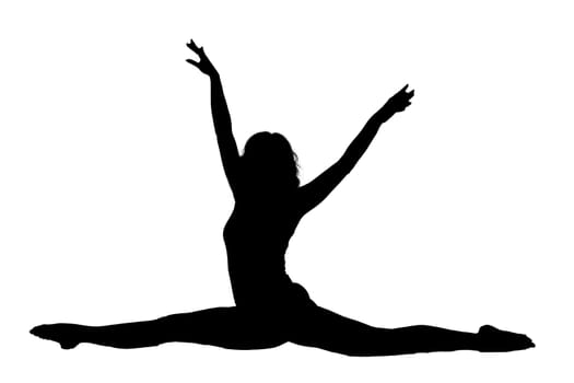 A striking silhouette of a woman elegantly performing a split with both of her arms raised high in the air, showcasing her graceful form