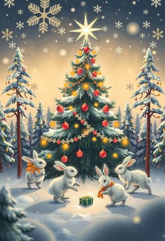 The image depicts a snowy forest scene with a large, brightly lit Christmas tree at the center. The tree is adorned with red and gold ornaments and a star on top. Surrounding the tree are several pine trees with snow-covered branches. Three white rabbits with orange bows around their necks are standing in front of the tree, with one rabbit on the left, one in the center, and one on the right. The sky above is filled with falling snowflakes, creating a serene and peaceful atmosphere.