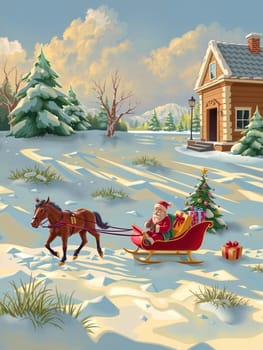 The image depicts a serene winter scene with a horse pulling a red sleigh carrying a figure dressed in a Santa Claus suit. The sleigh is adorned with presents, suggesting a festive occasion. The background features a snowy landscape with a wooden cabin nestled among pine trees, and a mountain range in the distance. The sky is a clear blue, and the sun is shining brightly, casting a warm glow over the entire scene.
