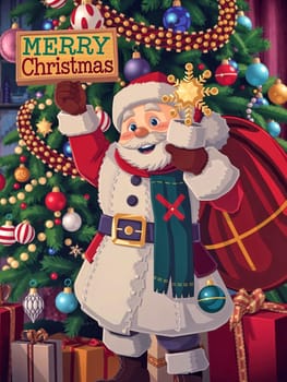 The image depicts a cheerful Santa Claus standing in front of a Christmas tree. Santa is wearing a white suit with a red scarf and a gold belt, and he is holding a red sack in his left hand. The tree behind Santa is adorned with various ornaments, and a sign reading Merry Christmas is hanging from the tree. The background features a red and gold striped curtain, and several wrapped gifts are scattered around the scene.