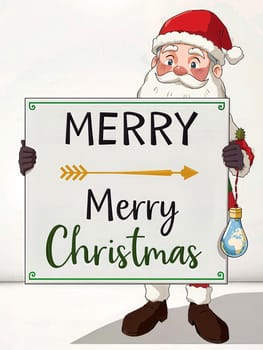 The image depicts a cheerful Santa Claus holding a white sign with black text and a yellow arrow. The sign reads MERRY Merry Christmas and Santa is wearing a red hat and a white suit. Santa is also holding a blue and white globe ornament in his left hand. The background is a plain white wall.