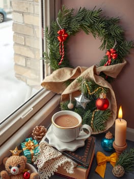 The image depicts a cozy Christmas scene set against a brick wall. A white window with a red bow on the left side is adorned with a festive wreath made of evergreen branches and red ribbons. A white candle stands on the right side of the window, casting a warm glow. In front of the window, a white coffee cup filled with a rich, dark liquid sits on a wooden table. A stack of books and a teddy bear are also present on the table. The background reveals a snowy street.