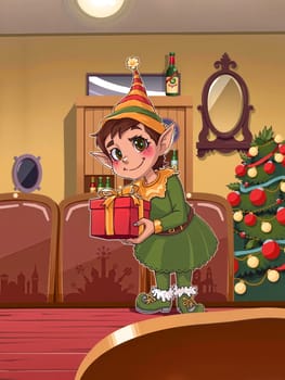 The image depicts a cheerful elf standing in a cozy living room. The elf is wearing a green dress and a striped hat, and is holding a red gift box. The room is decorated for Christmas, with a Christmas tree in the background and a bottle of wine on a nearby table. The walls are painted in a warm yellow color, and a mirror hangs on the wall.