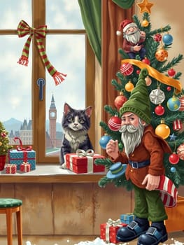 The image depicts a cozy Christmas scene. A Christmas tree adorned with colorful ornaments and a star stands in the center, with a gnome figurine perched on top. To the left, a cat sits on a windowsill, gazing out at the cityscape. On the right, a man in a green elf hat holds a present, and a red and white striped scarf is draped over his shoulder. The background features a window with a clock and a view of the city, suggesting a festive location.