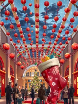 The image depicts a festive scene inside a building, likely a mall or shopping center, decorated for the holiday season. The ceiling is adorned with numerous red lanterns, creating a warm and inviting atmosphere. A large Christmas tree stands in the center of the room, surrounded by people walking around and enjoying the holiday spirit. A large red stocking, decorated with snowflakes, is prominently displayed in the foreground, adding a touch of holiday cheer. The overall scene conveys a sense of joy and celebration.