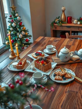 The image depicts a cozy Christmas scene set on a wooden table. The table is adorned with a variety of festive items, including a small Christmas tree with red and gold ornaments, a white teapot, a plate of cookies, a plate of fruit, and a plate of pastries. The table is also set with a white teacup, a saucer, and a spoon. The background features a window with a white curtain, a wooden dresser, and a vase of flowers.