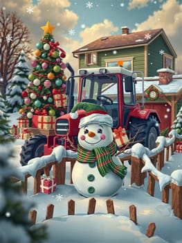 The image depicts a snowy winter scene with a cheerful snowman wearing a green hat and scarf, holding a red gift box in its hands. Behind the snowman, a red tractor is parked on a snowy road, and a green house with a chimney can be seen in the background. The sky is filled with falling snowflakes, creating a serene and peaceful atmosphere.