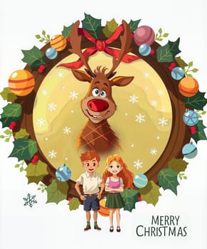 The image presents a festive scene with a cheerful reindeer standing in the center, surrounded by a wreath of holly leaves and ornaments. Two children, a boy and a girl, are standing in front of the reindeer, with the boy on the left and the girl on the right. The background is a light yellow color, adorned with snowflakes. The text MERRY CHRISTMAS is written in a green banner at the bottom of the image.