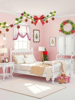 The image depicts a cozy bedroom with a white wooden bed adorned with a beige comforter and two white pillows. A red bow hangs above the bed, and a white lamp stands on the nightstand next to the bed. A pink curtain covers the window, and a Christmas tree is placed on the windowsill. A wreath hangs on the wall, and a pink gift box is placed on the floor. The walls are painted in a light pink color, and the room is illuminated by natural light from the window.