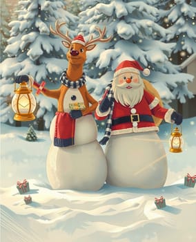 In the image, there are two snowmen standing in a snowy landscape. The snowman on the left is wearing a red scarf and a black hat, holding a lantern in its left hand. The snowman on the right is dressed in a red suit and a black hat, also holding a lantern in its right hand. Both snowmen are holding a gift in their hands. The background features a snowy forest with trees.