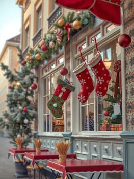 The image depicts a festive Christmas scene set on a street. Two red stockings, one with a green bow and the other with a white bow, are hanging from a window, adding a touch of holiday cheer. The window is adorned with a garland of red and gold ornaments, and a Christmas tree stands nearby. The street is lined with buildings, and a few people can be seen walking by. The scene is bathed in the warm glow of the setting sun, creating a serene and inviting atmosphere.