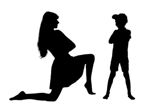 A graceful silhouette of a woman kneeling down beside a little girl who is standing upright, creating a touching scene of bonding