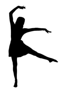 A graceful silhouette of a woman elegantly dancing on one leg against a stark white background, showcasing her poise and strength
