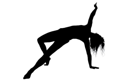 A graceful silhouette of a woman elegantly performing a yoga pose set against a plain white background for a calming effect