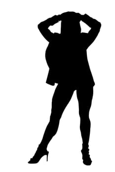 The silhouette of a woman is depicted standing gracefully with her hands placed atop her head, creating an elegant and intriguing pose