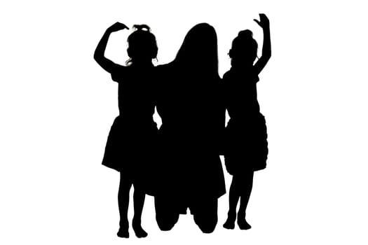 A beautifully crafted silhouette displays three little girls joyfully standing together, side by side, all set against a clean, crisp white background