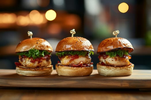 Three juicy tasty hamburgers lie on a wooden table in a bar or cafe. High quality photo