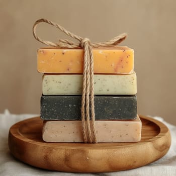 A set of handcrafted soaps in various colors are neatly stacked and tied with twine. The display highlights the natural textures and earthy tones of the soaps.